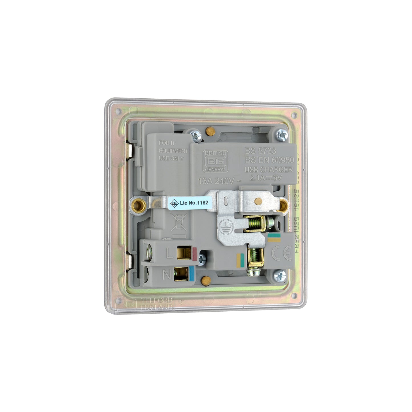 British General BG Screwless Flat plate 13A Switched Single Socket with USB Charger (FBS21U2G)