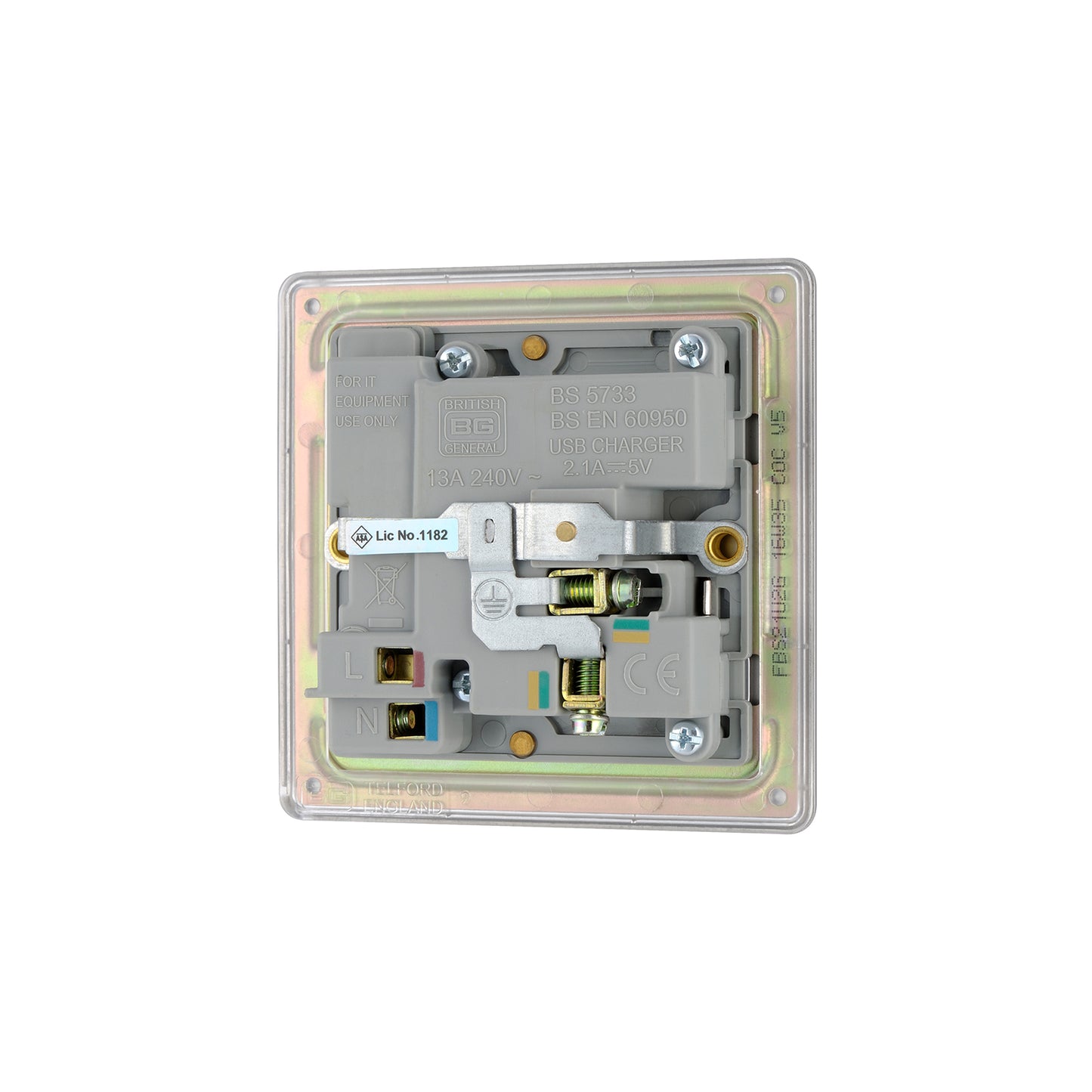 British General BG Screwless Flat plate 13A Switched Single Socket with USB Charger (FBS21U2G)