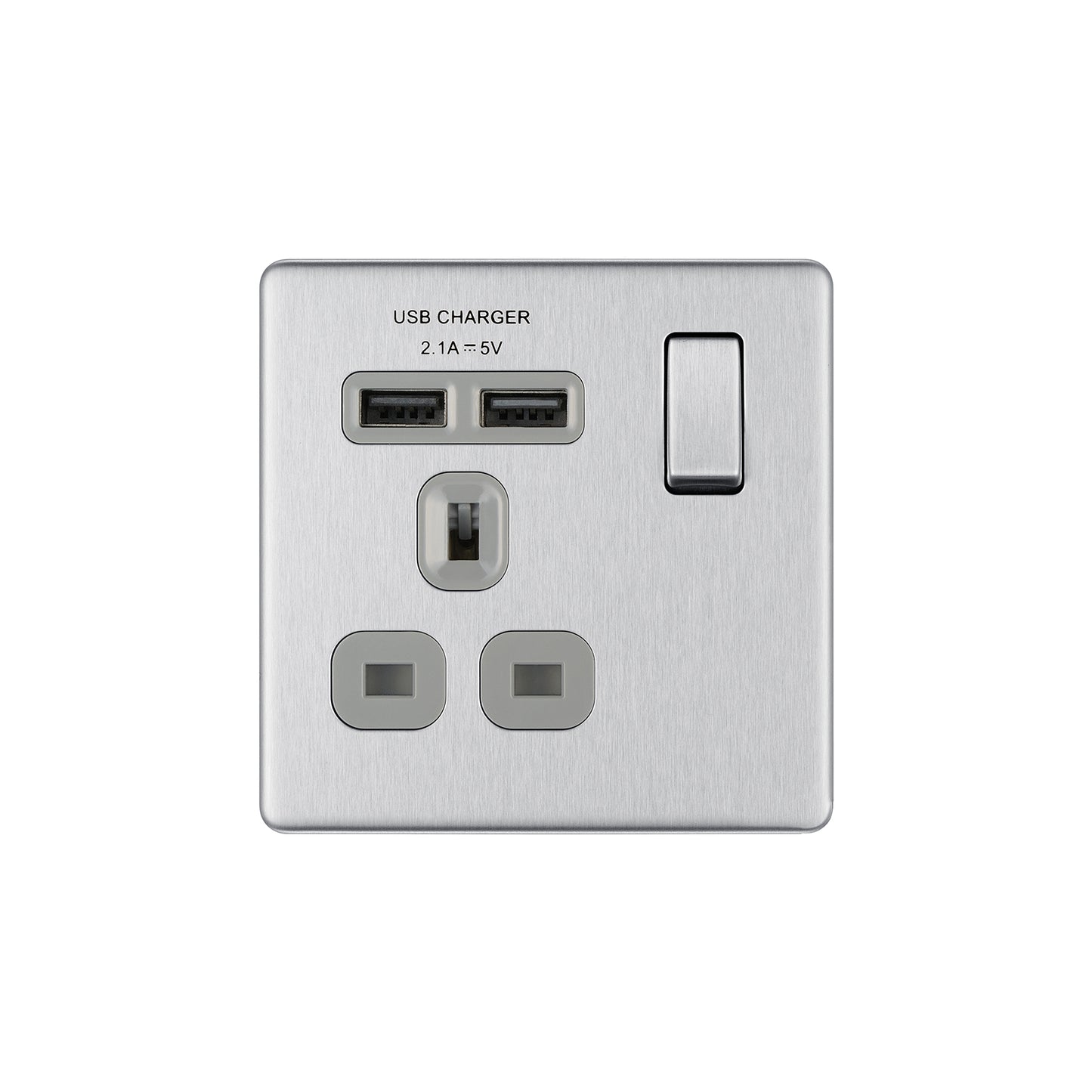 British General BG Screwless Flat plate 13A Switched Single Socket with USB Charger (FBS21U2G)