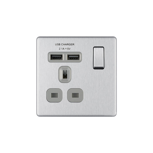 British General BG Screwless Flat plate 13A Switched Single Socket with USB Charger (FBS21U2G)