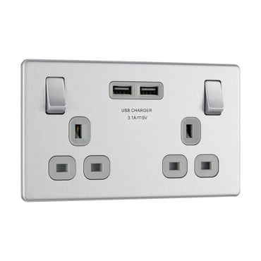 British General BG Flat plate Screwless 13A Double Socket with USB Charger (FBS22U3G)
