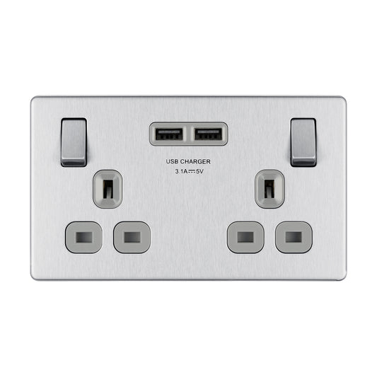 British General BG Flat plate Screwless 13A Double Socket with USB Charger (FBS22U3G)