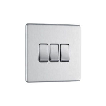 British General BG Flat Plate Screwless Triple Gang 2-Way Switch – Brushed Steel (FBS43)