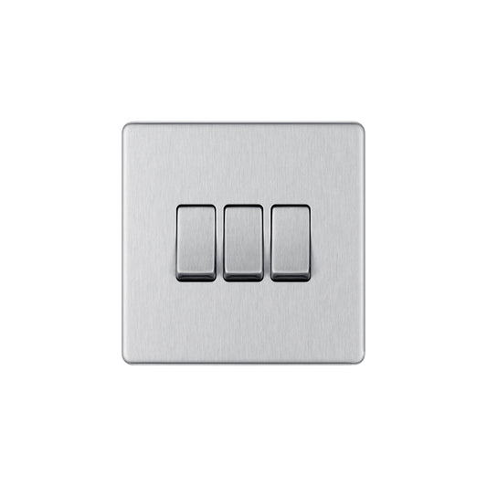 British General BG Flat Plate Screwless Triple Gang 2-Way Switch – Brushed Steel (FBS43)