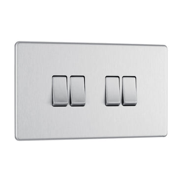British General BG Flat plate Screwless Four Gang 2 Way Switch, Brushed Steel (FBS44)
