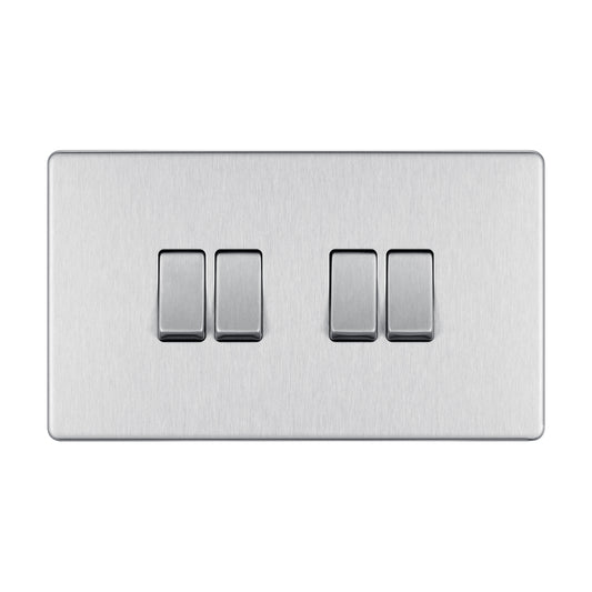 British General BG Flat plate Screwless Four Gang 2 Way Switch, Brushed Steel (FBS44)