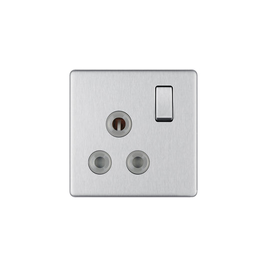 British General BG Flat plate Screwless 15A Switched Socket Brushed Steel Grey Insert (FBS99G)