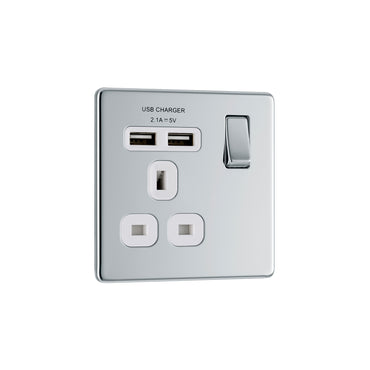 British General BG Screwless Flat plate 13A Switched Single Socket with USB Charger (FPC21U2W)