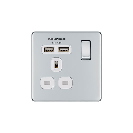 British General BG Screwless Flat plate 13A Switched Single Socket with USB Charger (FPC21U2W)