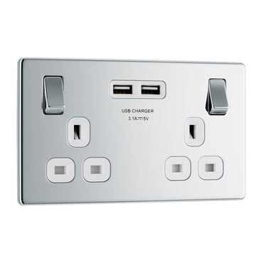 British General BG Flat plate Screwless Double Socket with USB Charger (FPC22U3W-01)