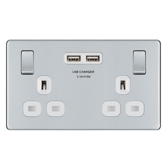 British General BG Flat plate Screwless Double Socket with USB Charger (FPC22U3W-01)