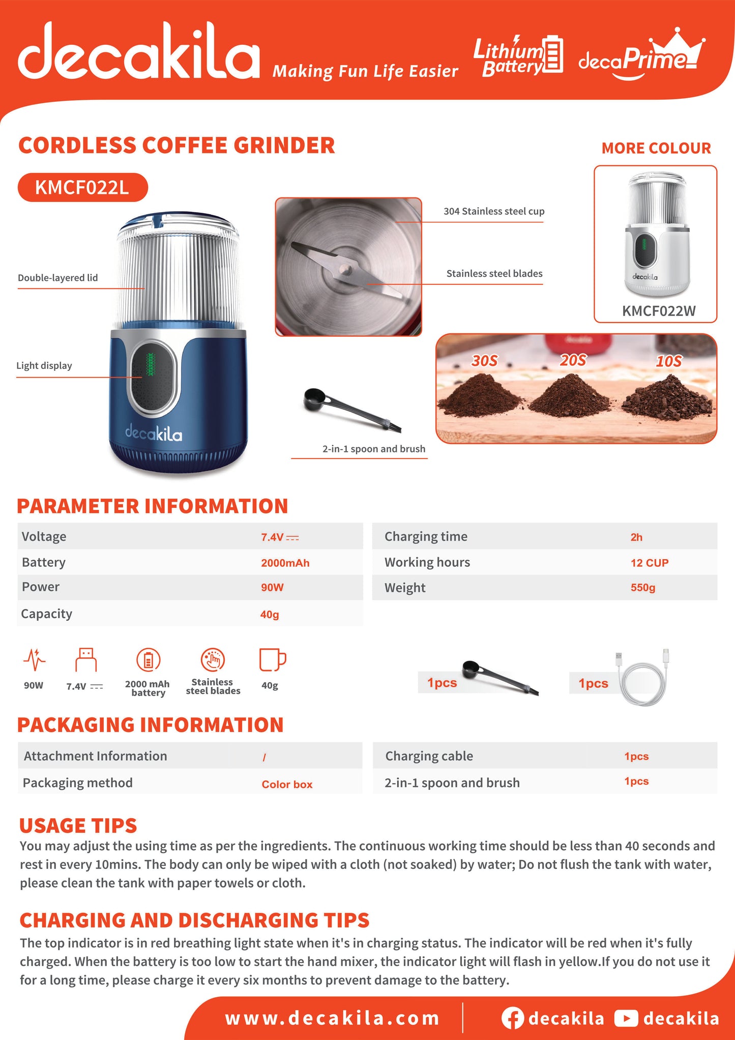 Decakila Cordless Coffee Grinder, 90W, Spices Grinder (KMCF022L/W)