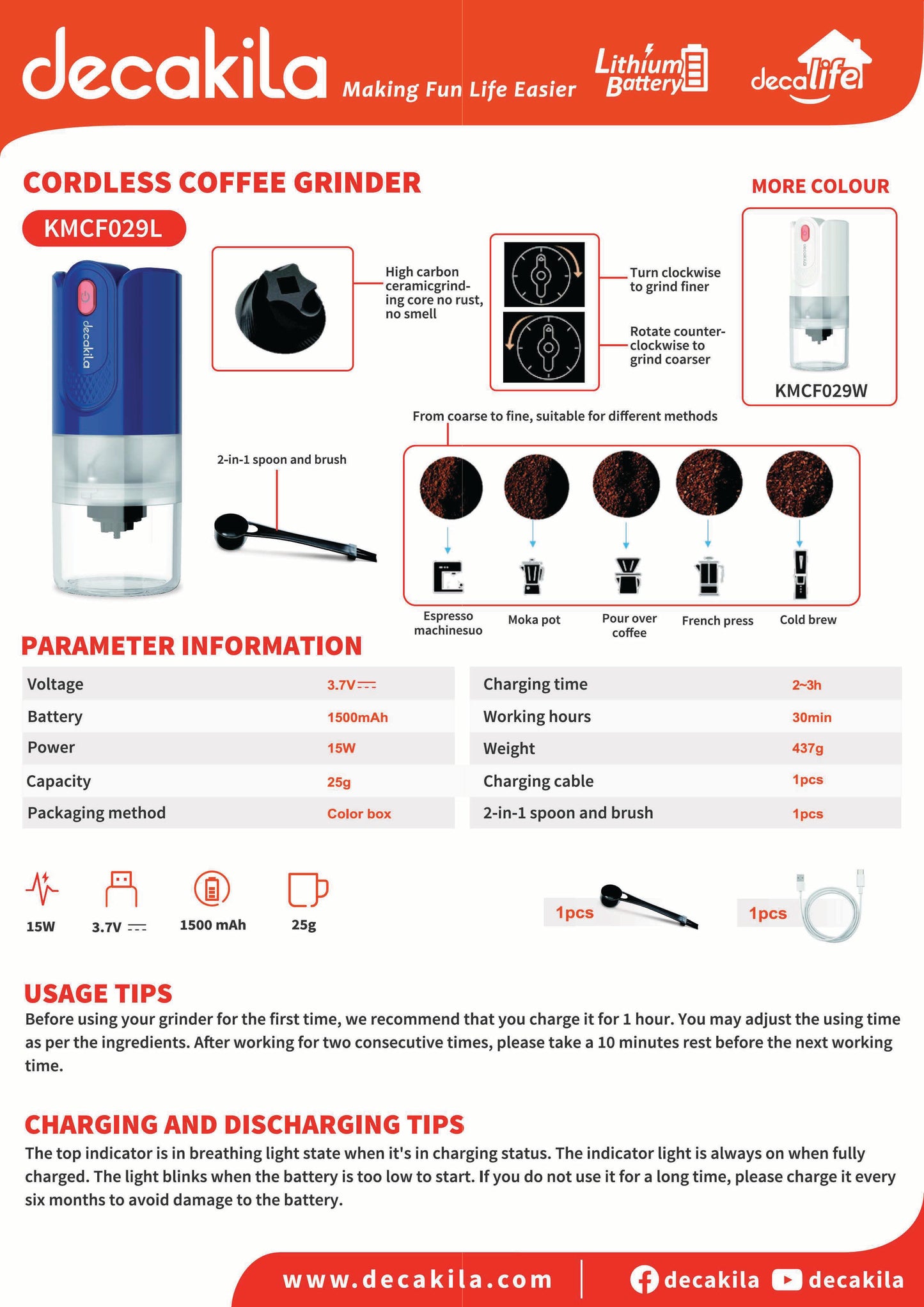 Decakila Cordless Coffee Grinder (KMCF029L/W)