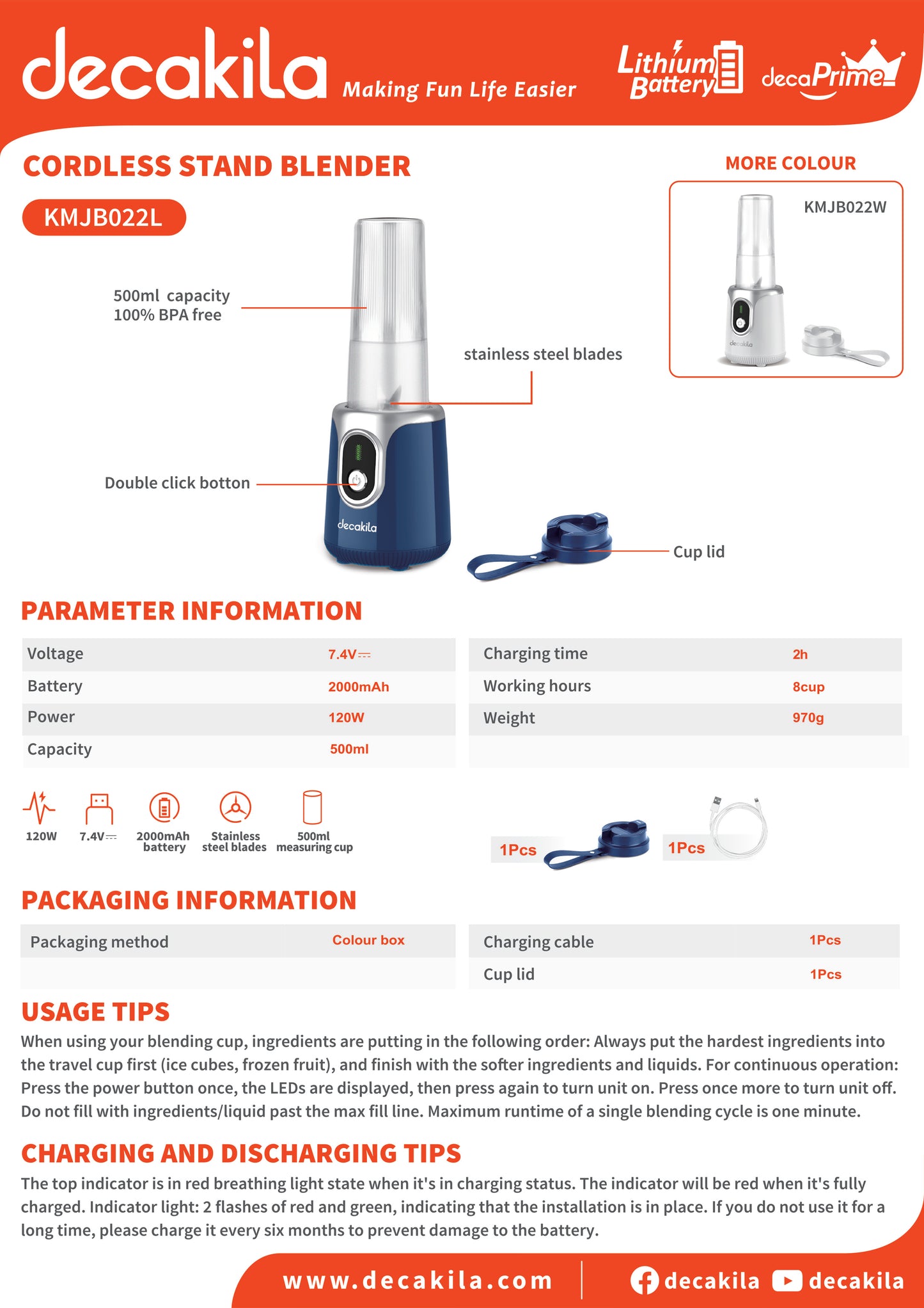 Decakila Cordless Stand Blender, 120W, 500ml (KMJB022L/W)