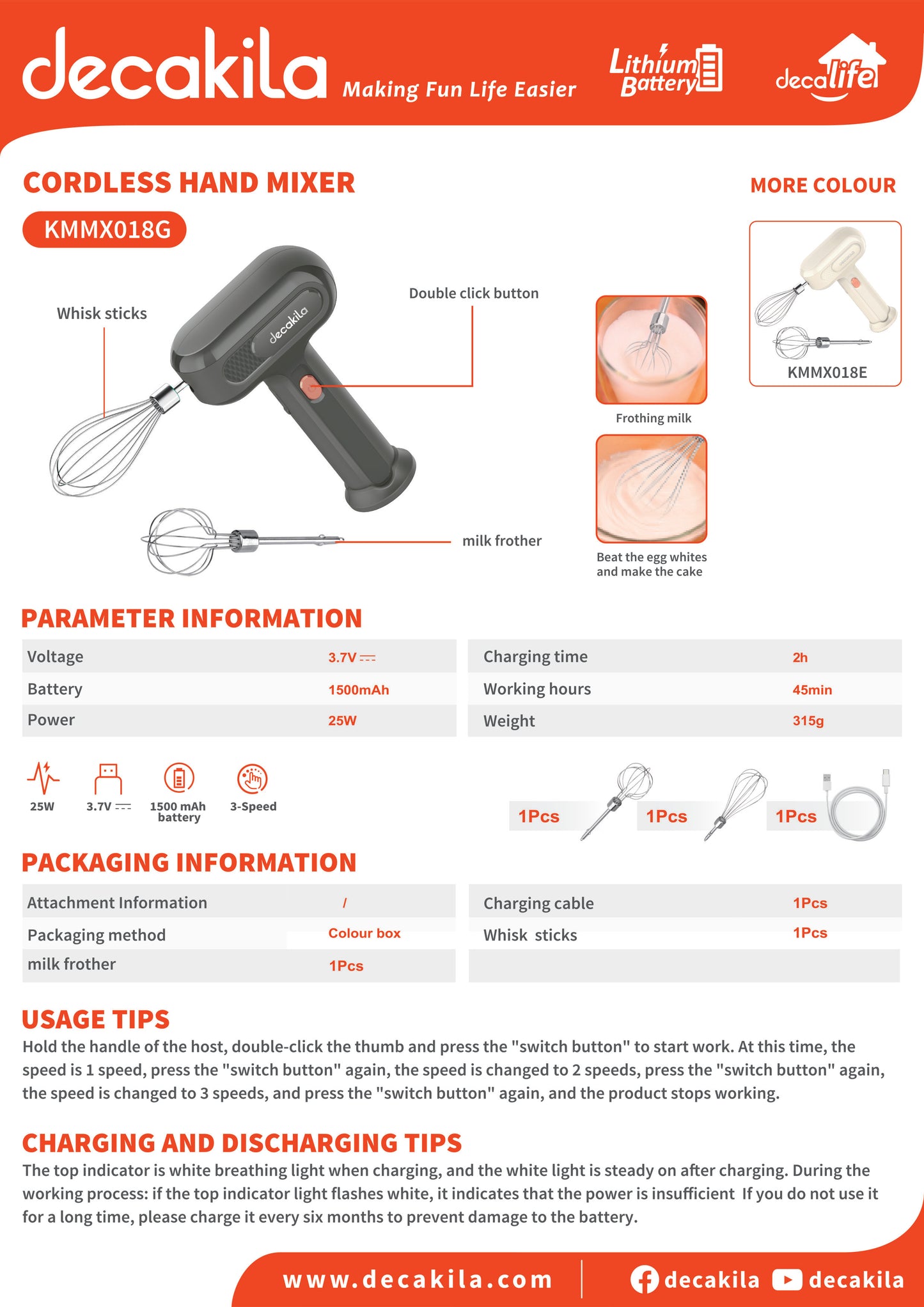 Decakila Cordless Hand Mixer (KMMX018G)