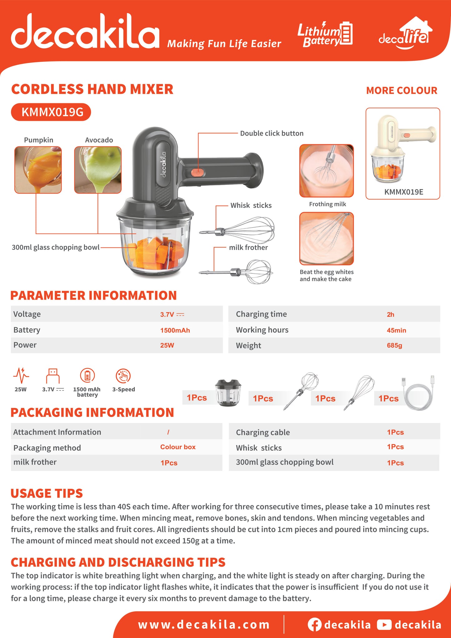Decakila Cordless Hand Mixer with Chopping Bowl (KMMX019E)