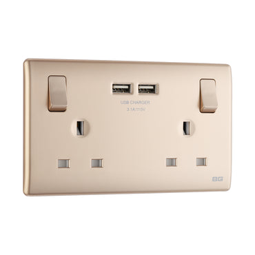 British General BG Neo Slimline Double Socket with USB Charger (PCCH22U3)