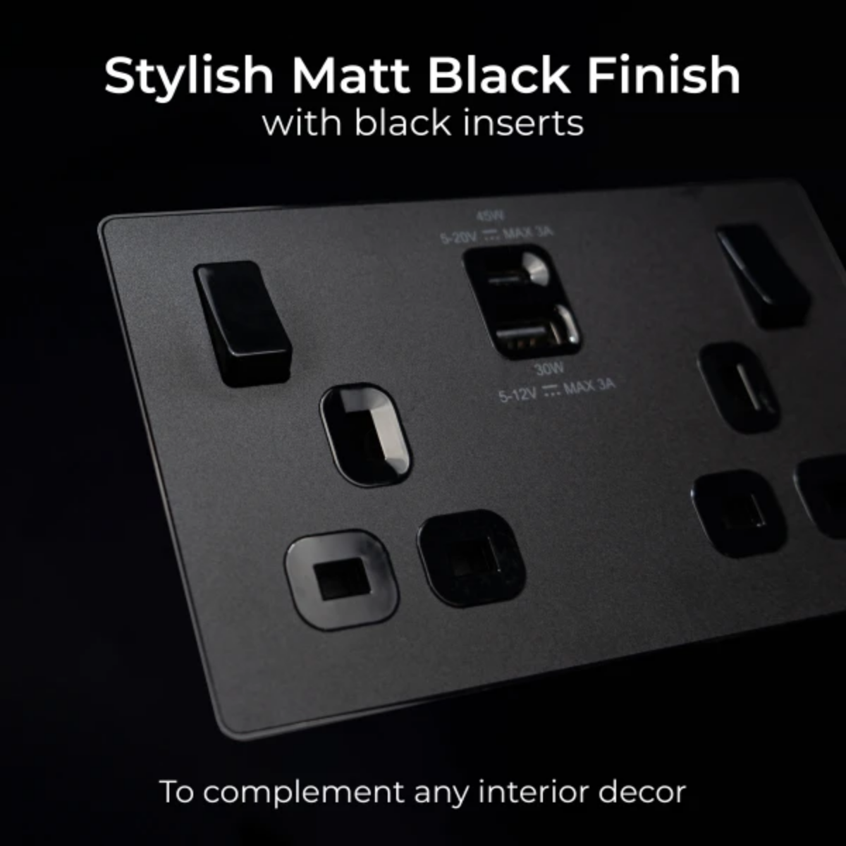 British General Evolve Mat Black Edge to Edge, Double Switched, Single Pole, USB A+C, 45W (PCDMB22UAC45B)