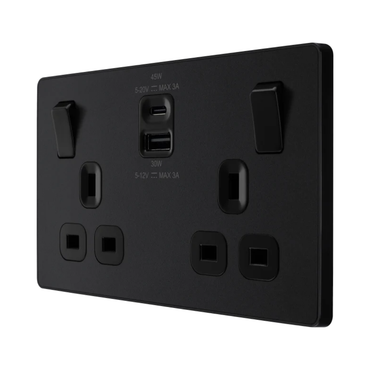 British General Evolve Mat Black Edge to Edge, Double Switched, Single Pole, USB A+C, 45W (PCDMB22UAC45B)