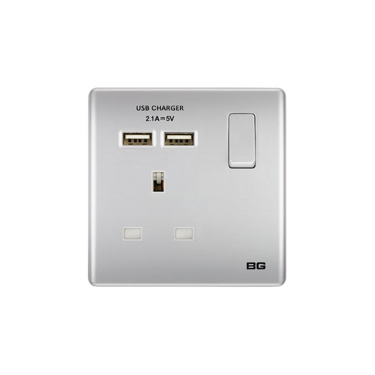 British General BG Neo Slimline Single Socket with USB Charger, Silver (PCSL21U2)