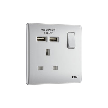 British General BG Neo Slimline Single Socket with USB Charger, Silver (PCSL21U2)