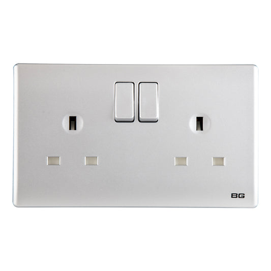 British General BG Neo Slimline Double Gang Switched Socket, Silver (PCSL22)