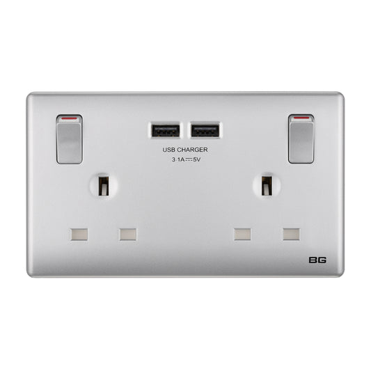British General BG Neo Slimline Double Socket with USB Charger (PCSL22U3)