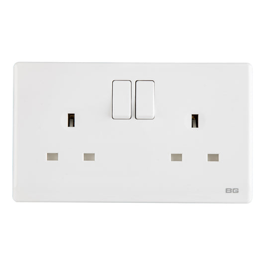 British General Neo Slimline Double Gang Switched Socket, White (PCWH22)