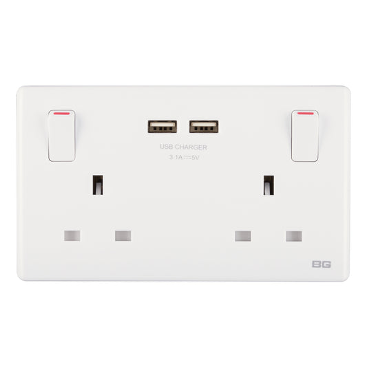 British General BG Neo Slimline Double Socket with USB-A Charger, White (PCWH22U3)