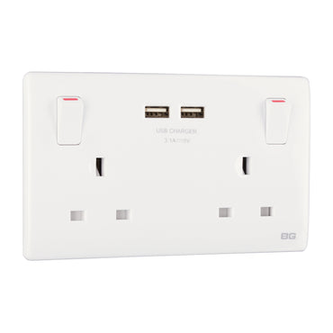 British General BG Neo Slimline Double Socket with USB-A Charger, White (PCWH22U3)
