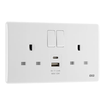 British General BG Neo Slimline, 2 Gang Switched Socket with 12W USB-A+USB-C (PCWH22UAC12)
