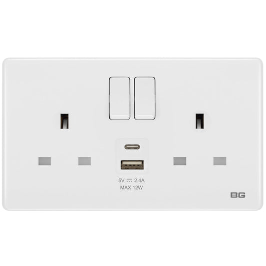 British General BG Neo Slimline, 2 Gang Switched Socket with 12W USB-A+USB-C (PCWH22UAC12)