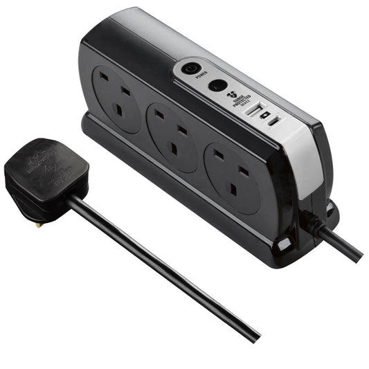 Masterplug Back-To-Back 6 Socket 2M Surge+Switched Extension Lead with USB A+C (SRGDSUAC2062PB)