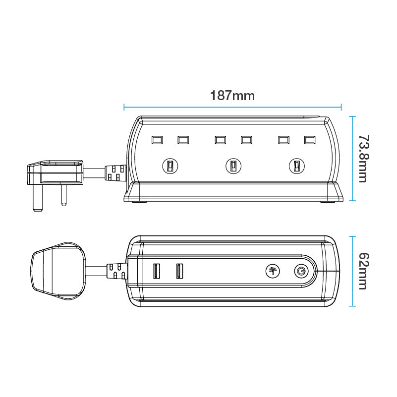 Masterplug Surge USB 6 Sockets Compact Extension Leads 2 meter (SRGDU62MB2)
