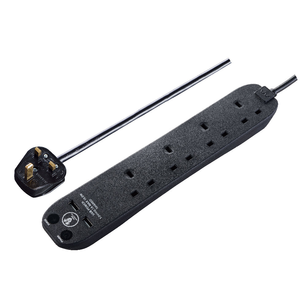 Masterplug Surge Extension Lead 4 Sockets with 2xUSB 2 meter Black/ White (SRGU42N)