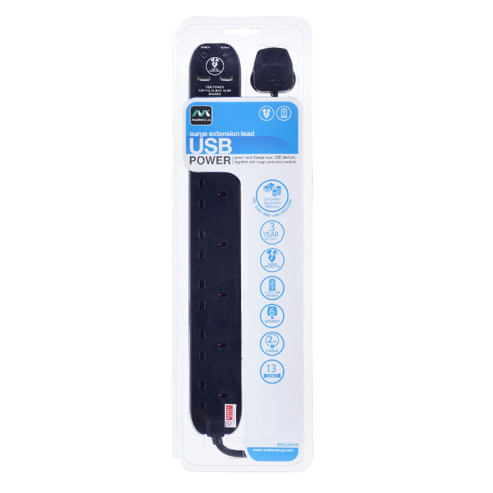 Masterplug Surge Extension Lead 6 Sockets with 2xUSB 2 meter Black/ White (SRGU62N)