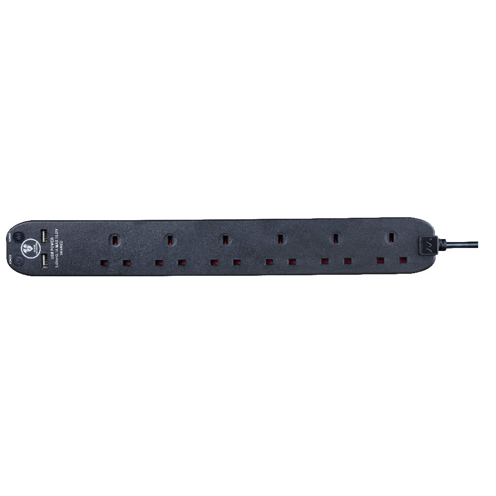 Masterplug Surge Extension Lead 6 Sockets with 2xUSB 2 meter Black/ White (SRGU62N)
