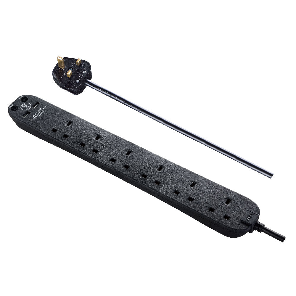 Masterplug Surge Extension Lead 6 Sockets with 2xUSB 2 meter Black/ White (SRGU62N)