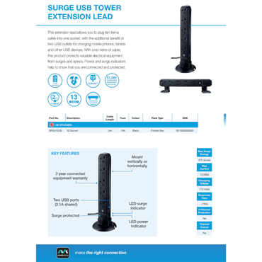 Masterplug 10 Socket 2 Meter Surge Protected Tower Extension With USB A+C (SRGUAC20102B)