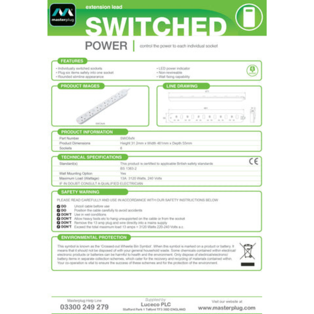 Masterplug Individual Switched 6 Sockets Extension Lead with LED Indicator 2 Meter (SWC62)