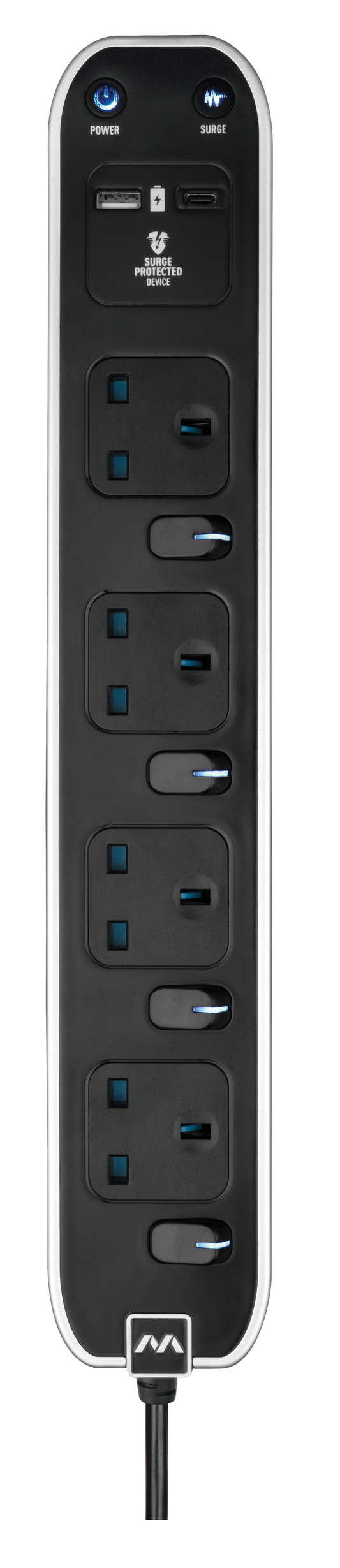 Masterplug 4-Socket Surge+Switched 3M Extension Lead with USB A+C (SWSRGUAC2042PW/2043PB)