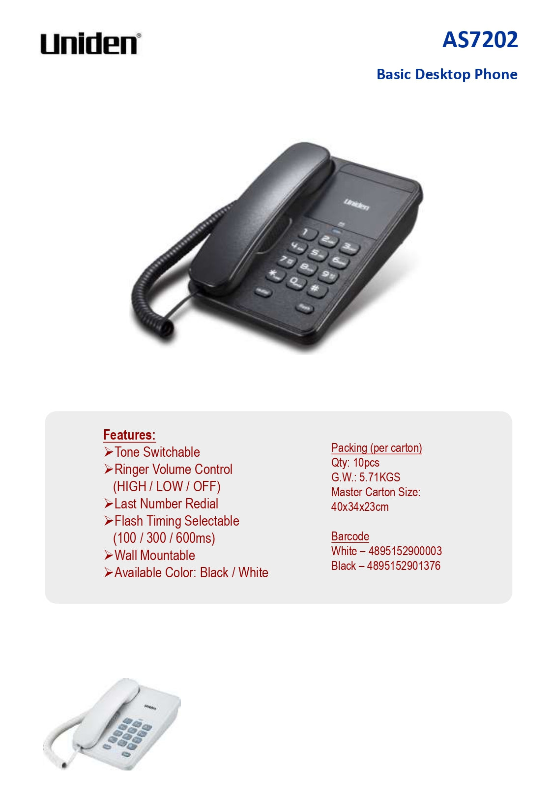 Uniden Corded Phone Desktop with Message Waiting Lamp (AS7202)
