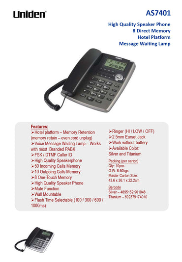 Uniden Deluxe CID Corded Phone (AS7401)