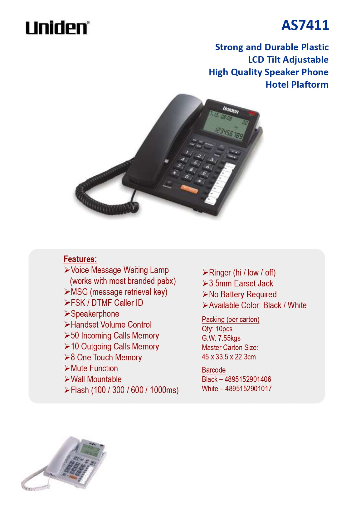 Uniden Bug LCD Corded Phone Music On Hold Function (AS7411)