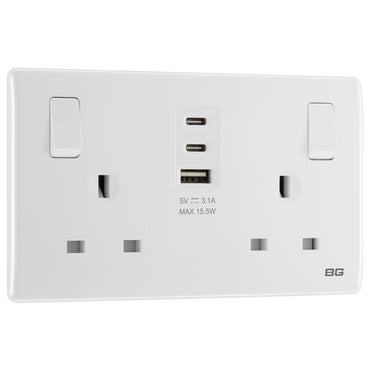 British General BG Neo Slimline 2 Gang Switched Socket with 15W USB A+C+C (PCWH22UACC15)