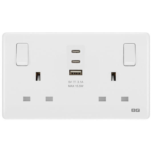 British General BG Neo Slimline 2 Gang Switched Socket with 15W USB A+C+C (PCWH22UACC15)