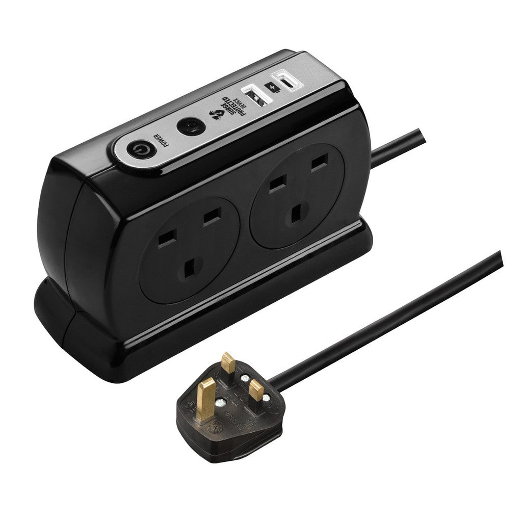 Masterplug Back-To-Back 4 Socket 2M Surge+Switched Extension Lead with USB A+C -SRGDSUAC2042PB
