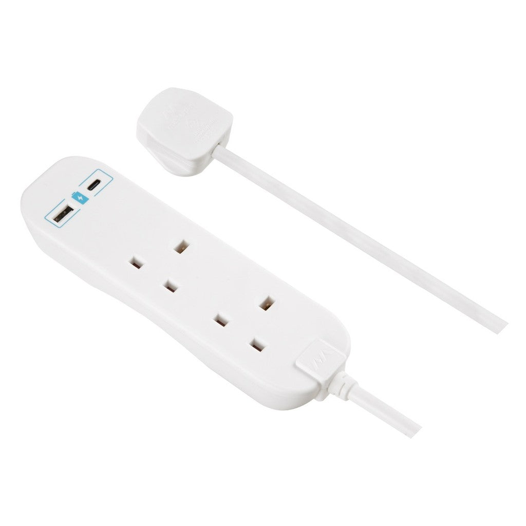 Masterplug 2 Socket 2M Extension Lead With 10.5W USB A+C (BTGUAC102N)