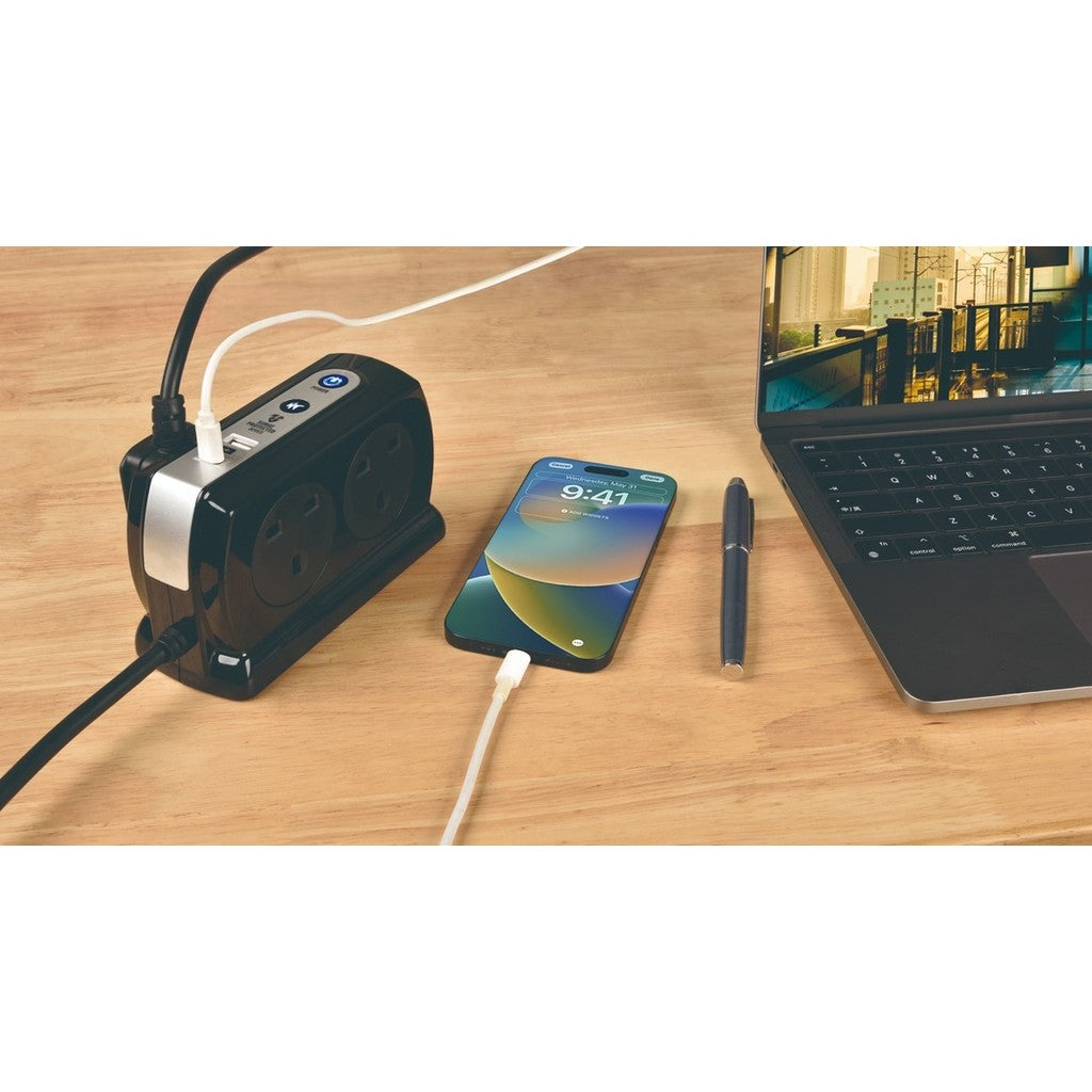 Masterplug Back-To-Back 4 Socket 2M Surge+Switched Extension Lead with USB A+C -SRGDSUAC2042PB