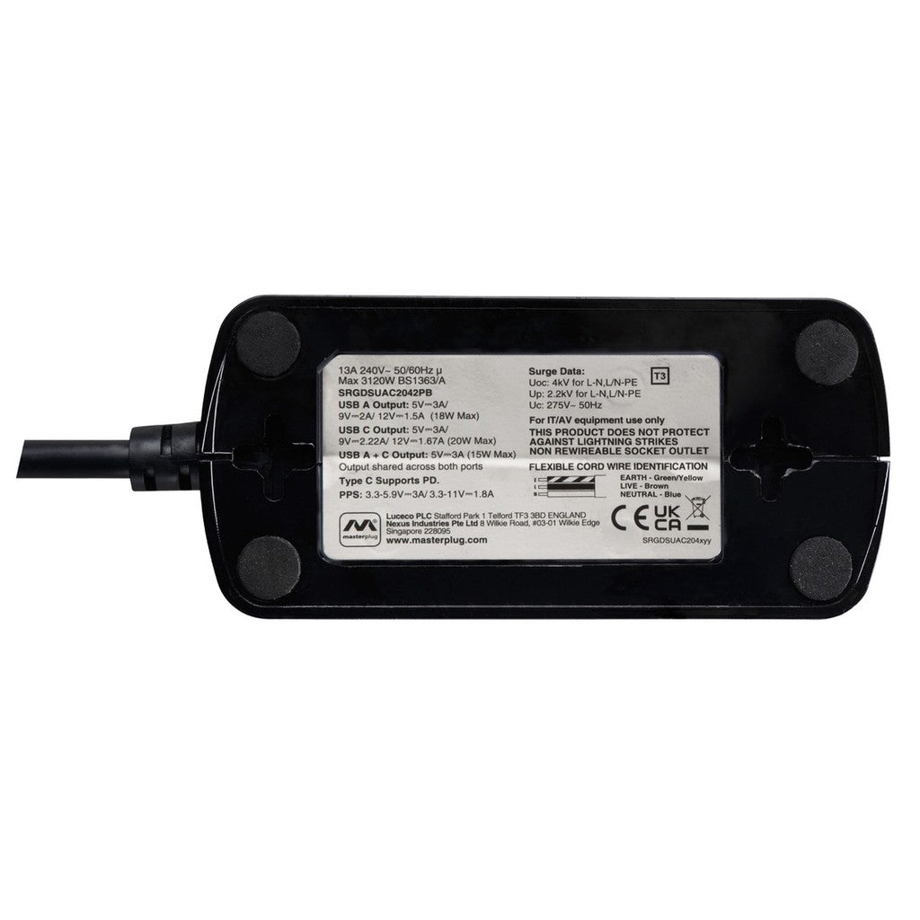 Masterplug Back-To-Back 4 Socket 2M Surge+Switched Extension Lead with USB A+C -SRGDSUAC2042PB